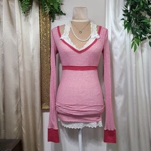 Super Cute ♡ Y2K ♡ Hollister Pink & White Babydoll Empire Waist Long Sleeve